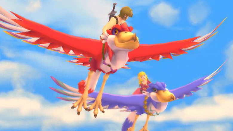 Link and Zelda flying on their Loftwings in Skyward Sword