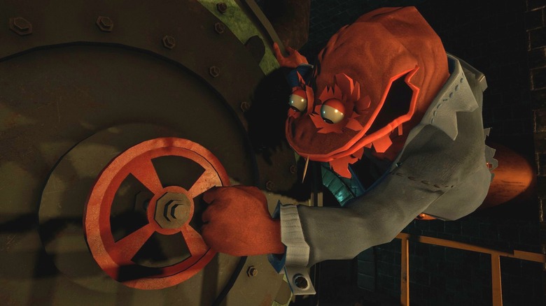 Puppet pulling on red wheel