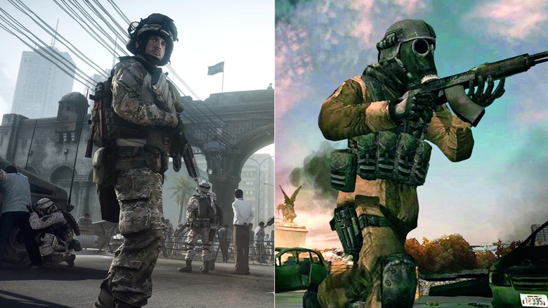 Screenshots of gameplay from "Battlefield 3" and "Call of Duty: Modern Warefare 3"