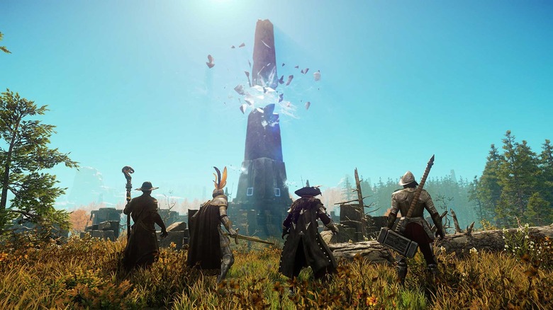 Characters facing exploding tower