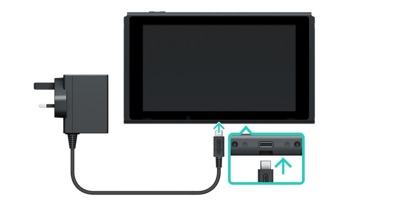 Official adapter plugged into Switch