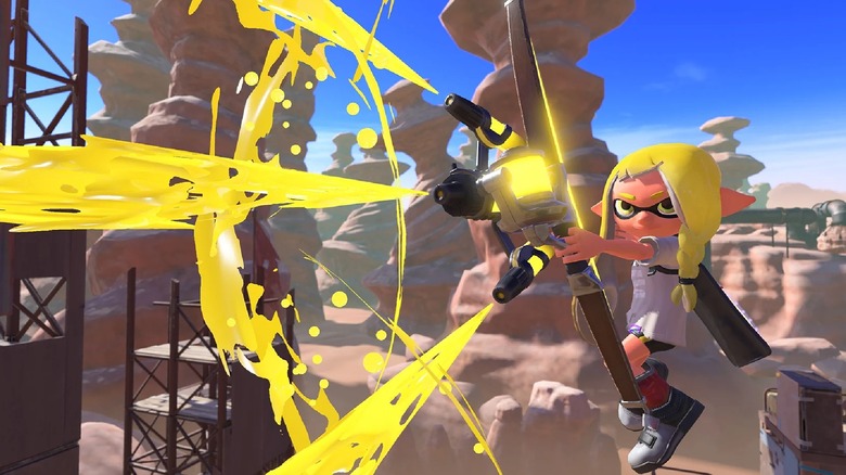 Splatoon character firing paint crossbow