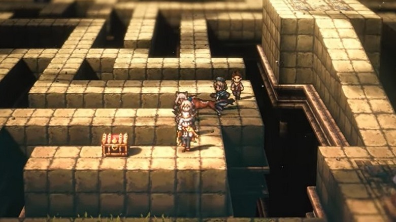 Characters heading toward chest in maze