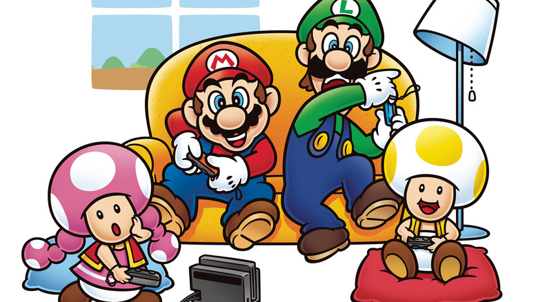 Mario characters playing Switch