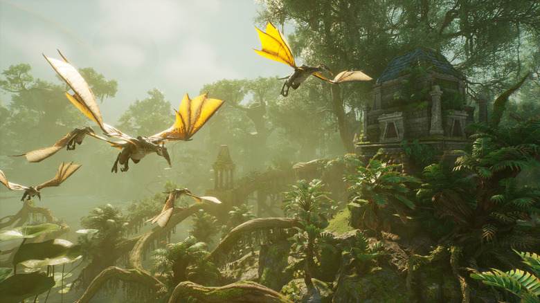 Winged creatures flying over jungle ruins