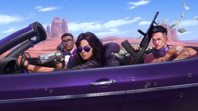 Saints Row promo, cast in purple car