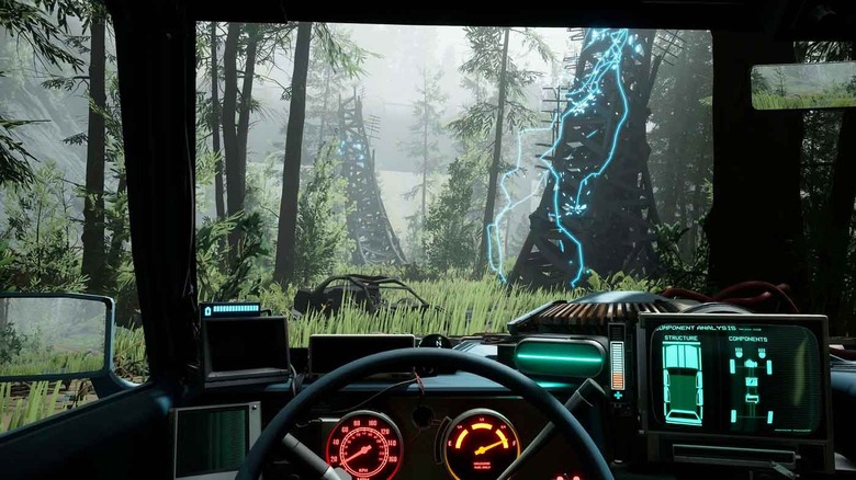 Pacific Drive car interior in forest