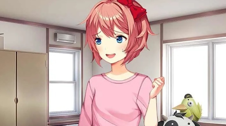 Sayori smiling in her room