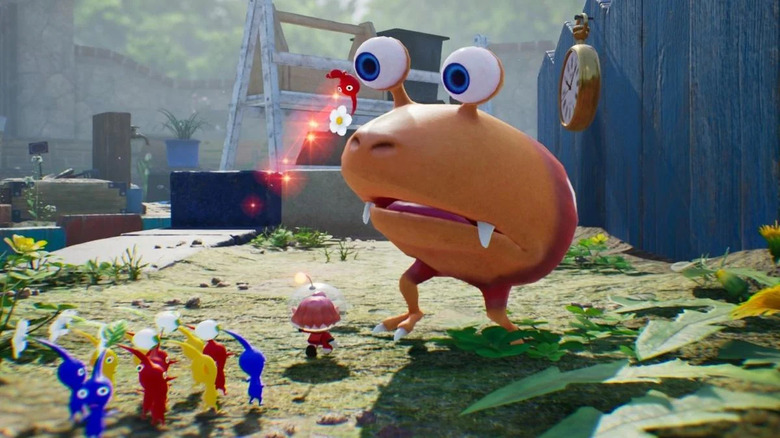 One of the new Pikmin characters throwing a Red Pikmin at a Red Bulborb in "Pikmin 4"