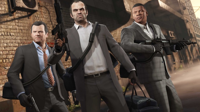Trevor, Michael, and Franklin posing after a heist