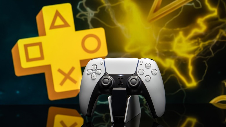 PS5 controller in front of PS Plus logo
