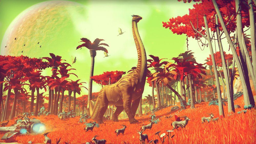 A dinosaur roams the wilderness in No Man's Sky