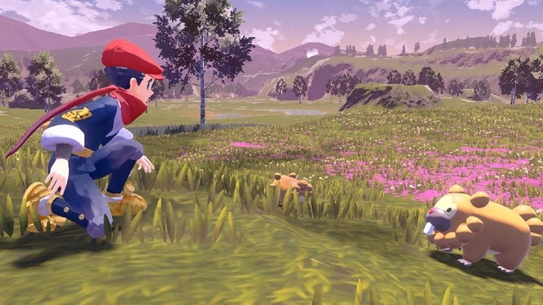 A character in blue and red crouching in a field in front of brown Bidoof pokemon