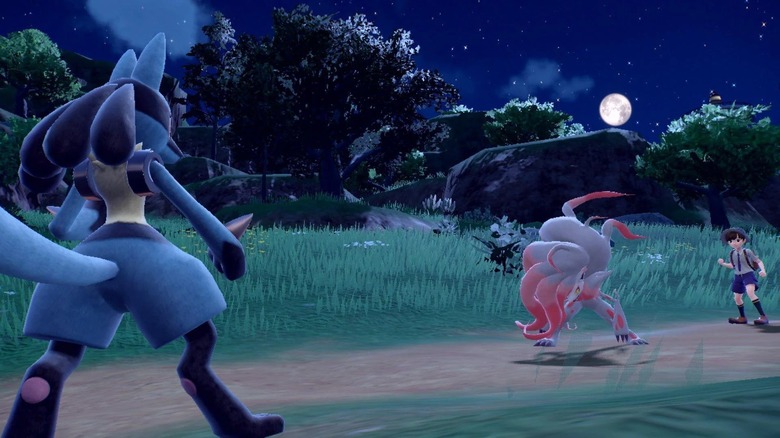 Pokémon trainer battling Lucario at night