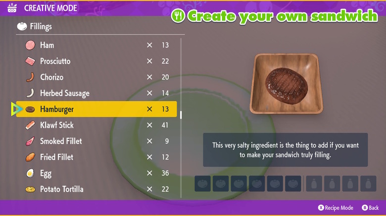 Sandwich creative mode Hamburger selection