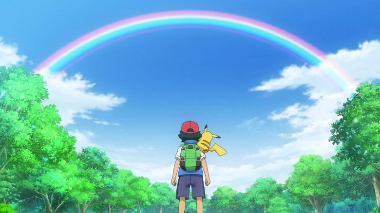 Ash and Pikachu look at rainbow