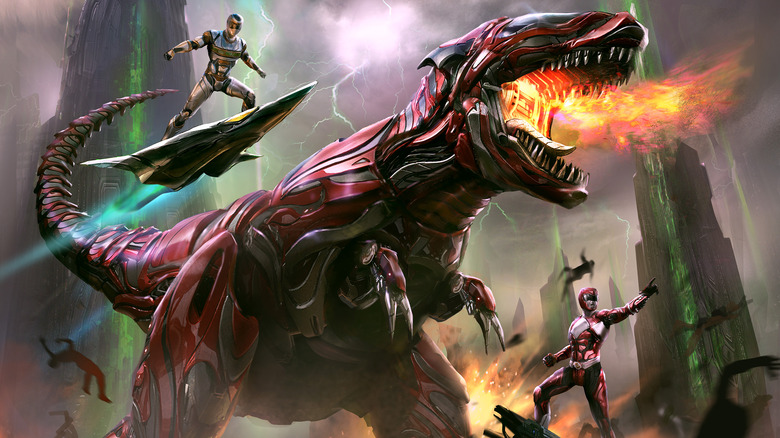 Power Rangers surrounding robotic dinosaur