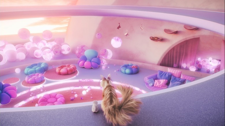 Two cats stare into a futuristic room