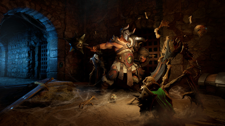 Warrior fighting skeletons in dungeon