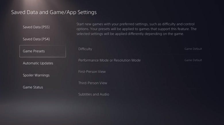 PS5 game settings menu
