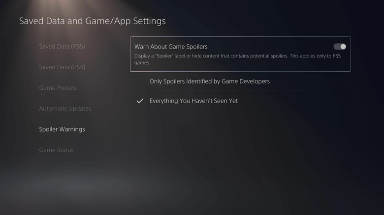 PS5 spoiler warnings menu