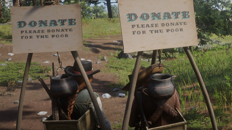 Please Donate For The Poor Signs Attached to Red Dead Online Character Backs
