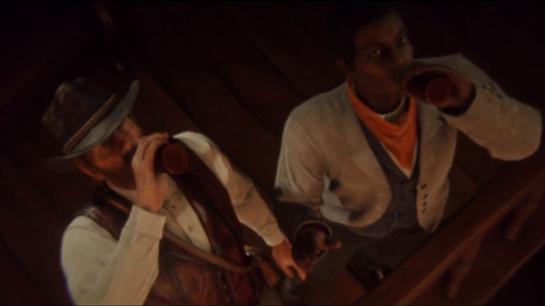 Red Dead Redemption 2 Arthur Morgan and Lenny drinking