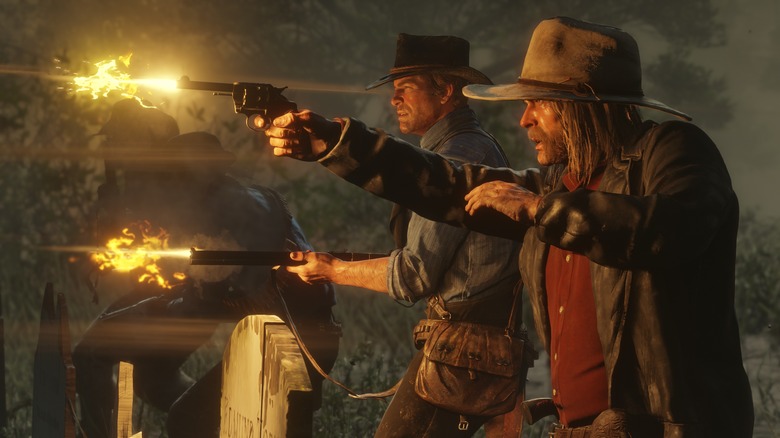 Micah and Arthur Morgan fire guns in Red Dead Redemption 2