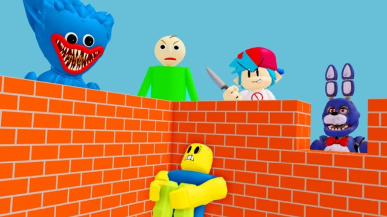 scared Roblox character behind brick wall