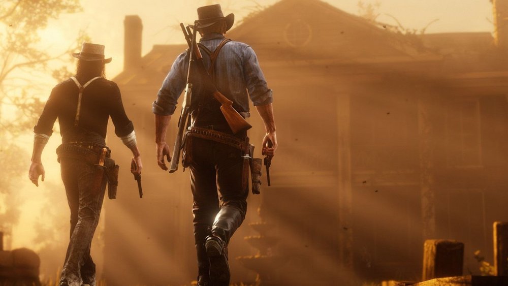 John Marsten and Arthur Morgan walk toward a mansion together