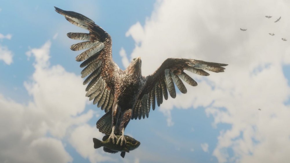 An eagle from Red Dead Redemption 2 carries a fish