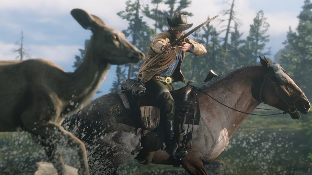 Arthur Morgan hunts a deer on his horse