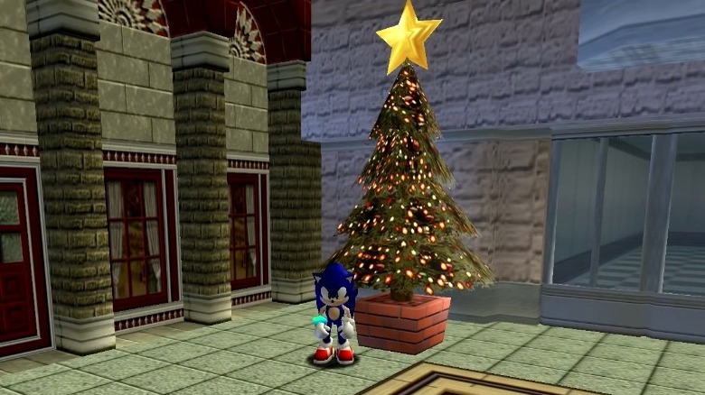 Sonic in front of Christmas tree
