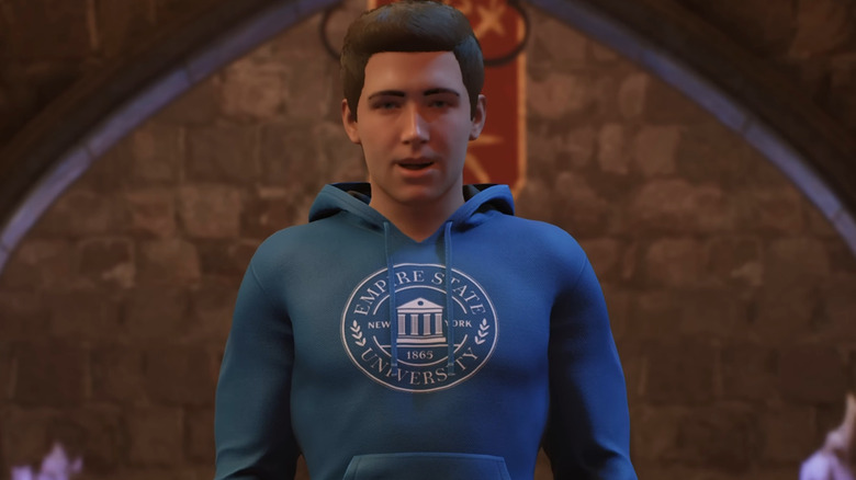 Peter Parker wearing Empire State University hoodie