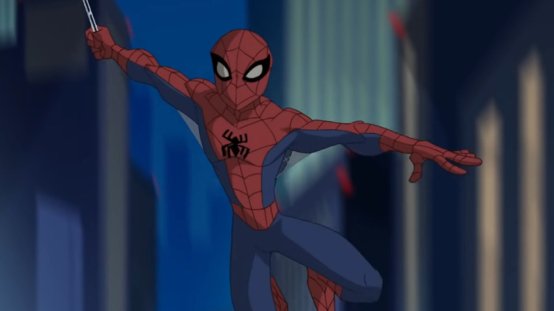 Cartoon Spider-Man swinging through city