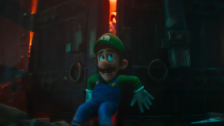 Luigi escaping Dry Bones holding door