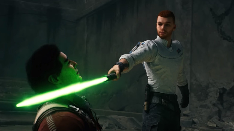 Cal holding lightsaber to Bode's throat