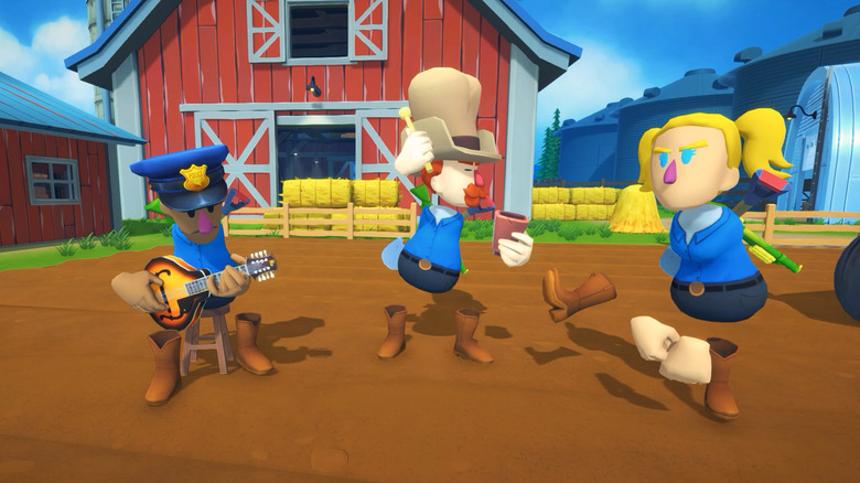 Three dancing characters in "Shotgun Farmer"
