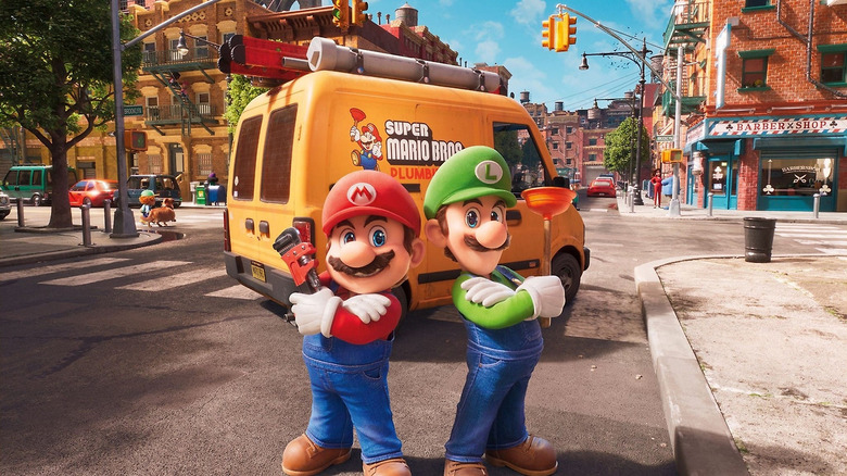 Mario and Luigi posing in front of their van