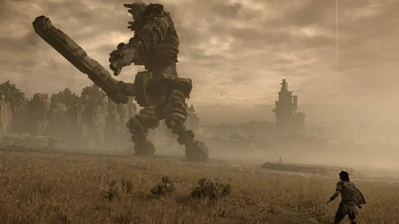 Wander approaching a sword-wielding colossus