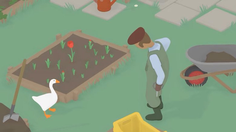 A goose stares at a farmer