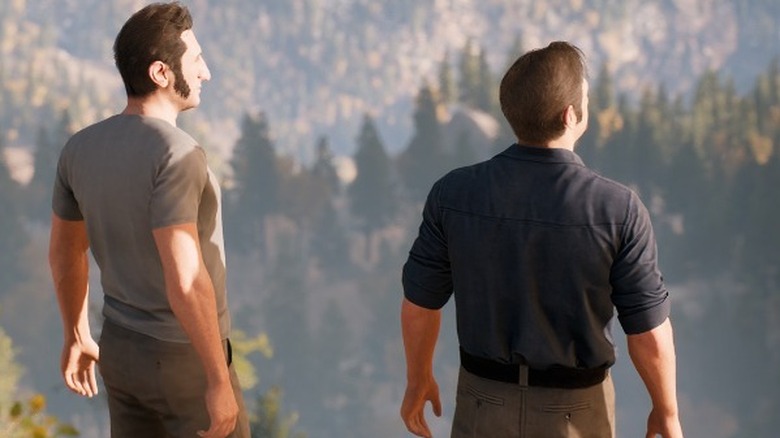 two men looking over forest