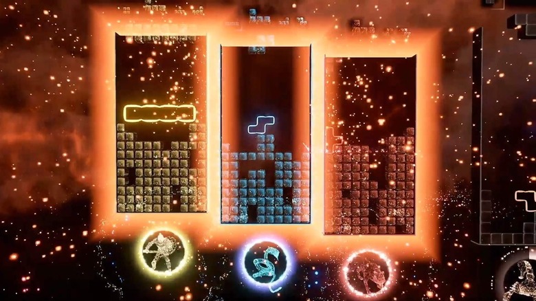 three player Connected mode c-op in Tetris Effect