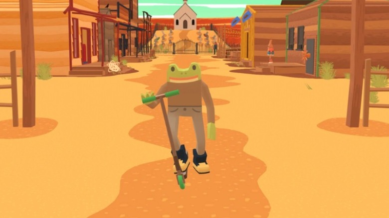 Frog riding scooter in desert town