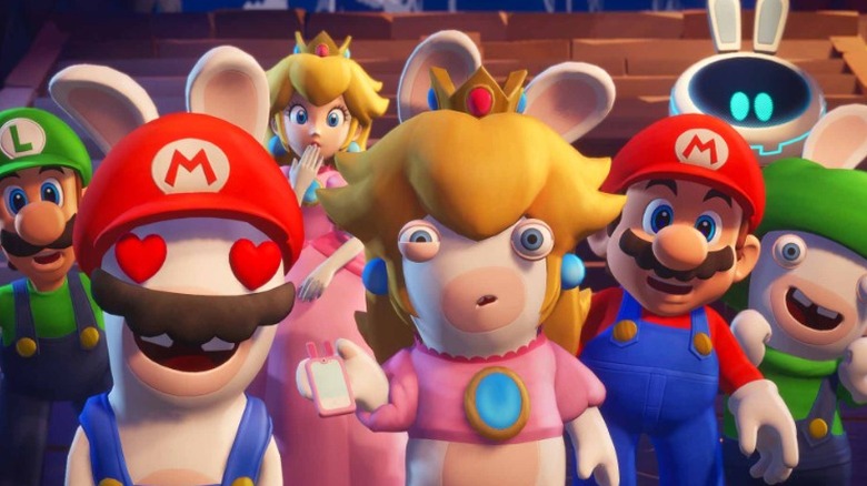 Mario cast and Rabbits looking forward