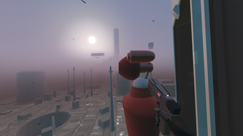 Player aiming gun at robot above cityscape