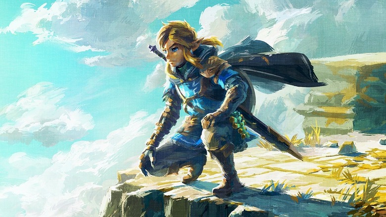 Link kneeling on Tears of the Kingdom sky island