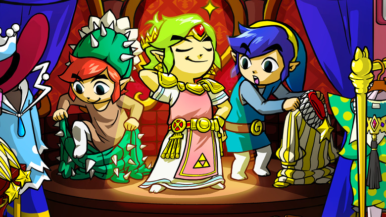 Links trying on costumes in Tri Force Heroes