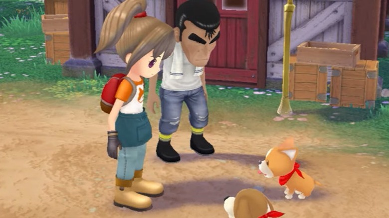 Farmer and townsperson looking at dogs