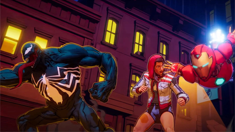 Venom, Ironheart, and America Chavez on the street